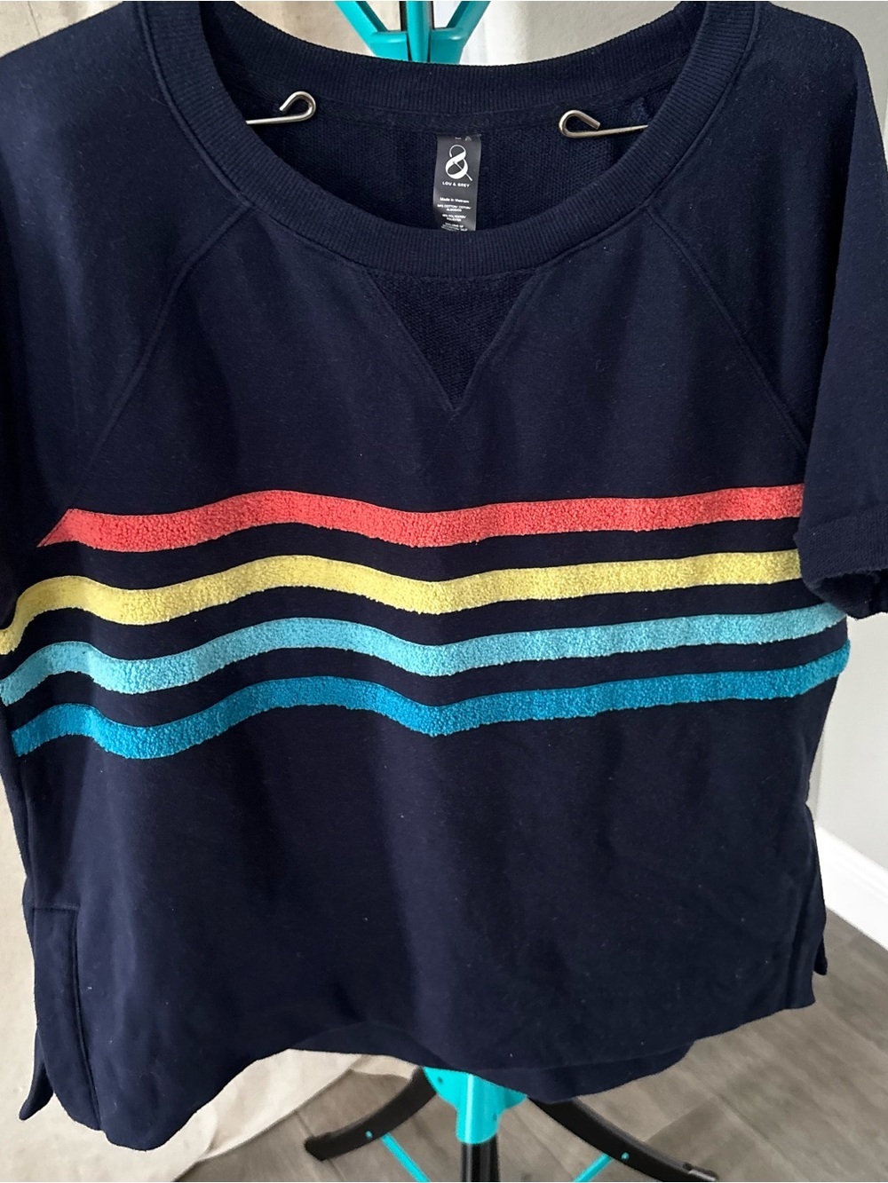 Lou & Grey Navy Crewneck Sweatshirt with Rainbow Stripes